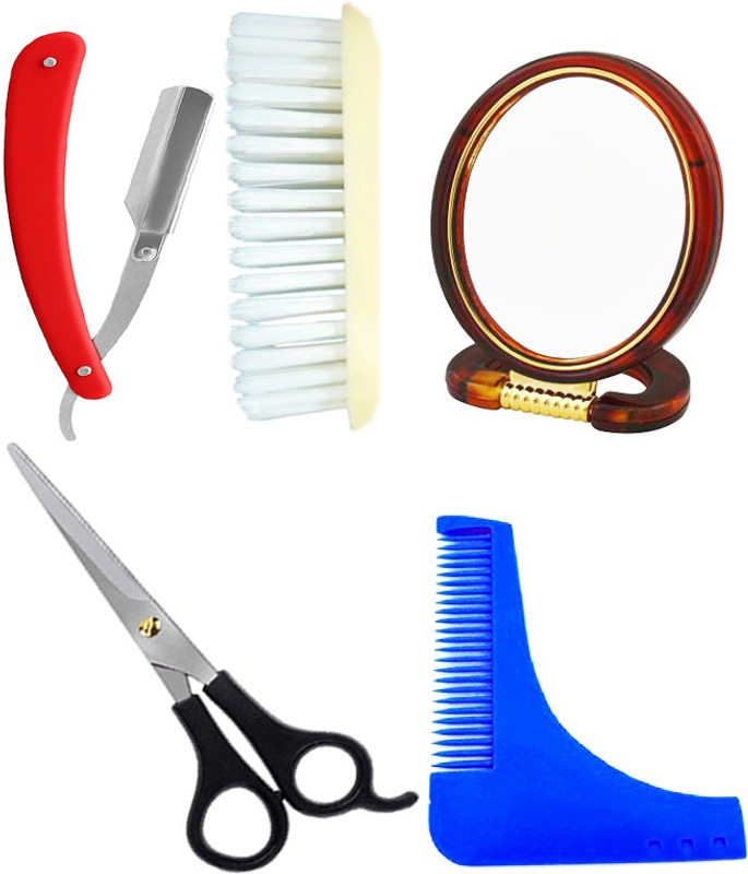 MGP FASHION shaving kit mini combo tool Good quality Beard Shaping brush & Styling Tool Comb Ear Lobe & Accessories Double Sided Small circle Mirror stainless steel black scissors big red razor for home and travel use(5 Items in the set)