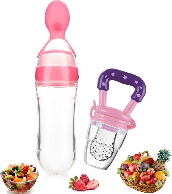 HIKIPO Presents Baby safe Silicone squeeze Fresh Food Feeder Bottle and Nibbler Teether and Feeder(Pink)
