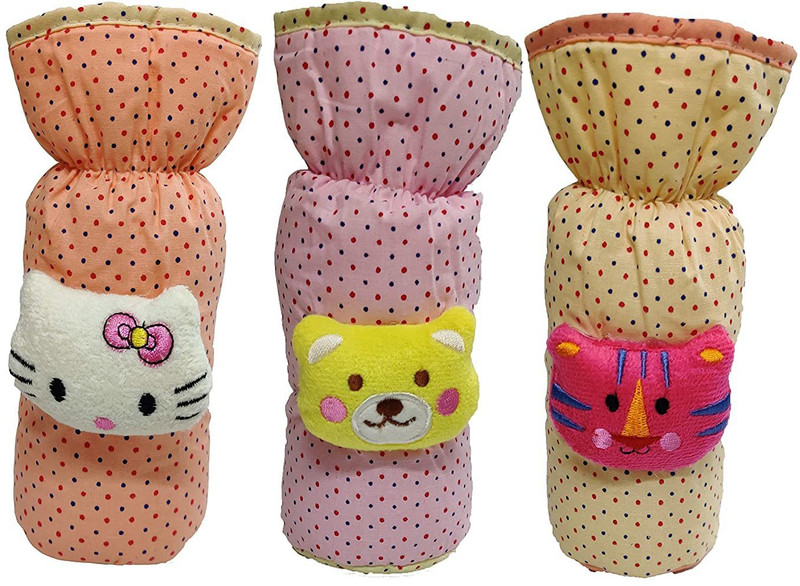 NCY High Quality Cotton Bottle covers with teddy (pouch, medium size) (Orange, Pink, Cream)(Orange, Pink, Cream)