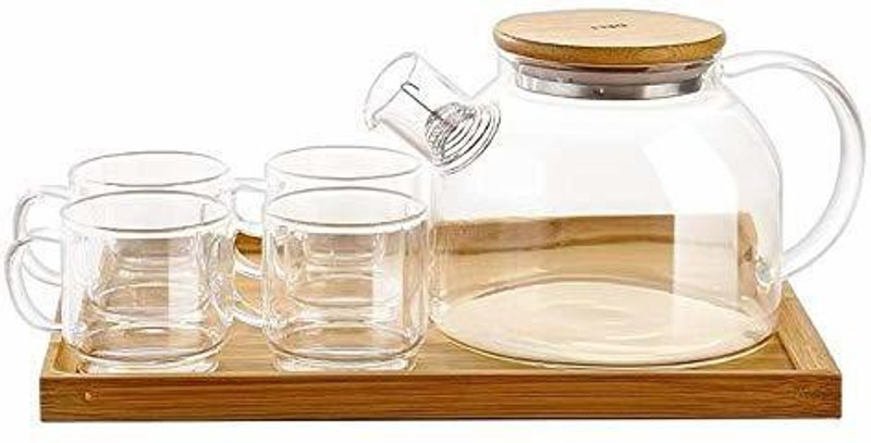 kelvee Tableware Tea Coffee Serving Set Wooden Tray Heat-Resistant Glass Tea Hot Water Bottle 1 Teapot with Wooden Lid, 4 Cups and 1 Tray Loose Leaf Tea Filter Spout Natural Flowering Tea- Set of 6 Jug Glass Tray Set(Glass)
