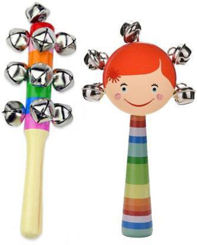 Madrigal Colorful Wooden Rainbow baby Handle Jingle Bell Rattle Toys Pack of 2 ( Cage Bell + 10 Bell) Multi-color Rattle(Multicolor)