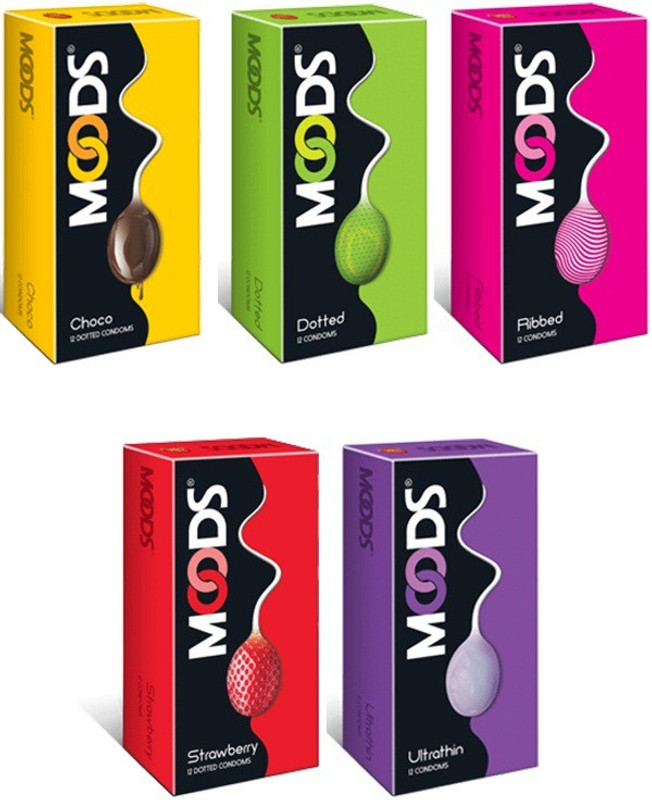 MOODS Combo Honeymoon Condoms ( Choco + Dotted + Ribbed + Strawberry + Ultra Thin) 12S Pack of 5 Condom(Set of 5, 60 Sheets)