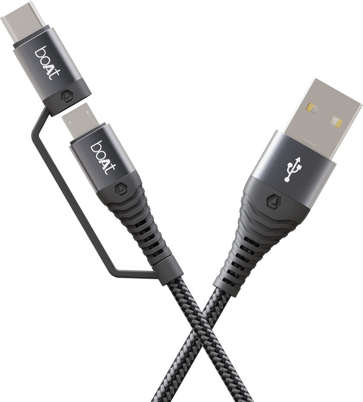 boAt USB Type C Cable 3 A 1.5 m Deuce USB 330 2-in-1 Micro USB and with 3A Fast Charge, 480mbps(Compatible with Android Phones, Tablets, Bluetooth Speakers, Power Banks, Mercurial Black, One Cable, USB Type A To 3-in-1 Cable)