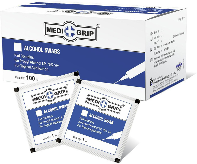 Medigrip Alcohol Swabs Pre-Injection Prep & Disinfecting Wipes 70% Iso Propyl Alcohol IP v/v(100 Units)