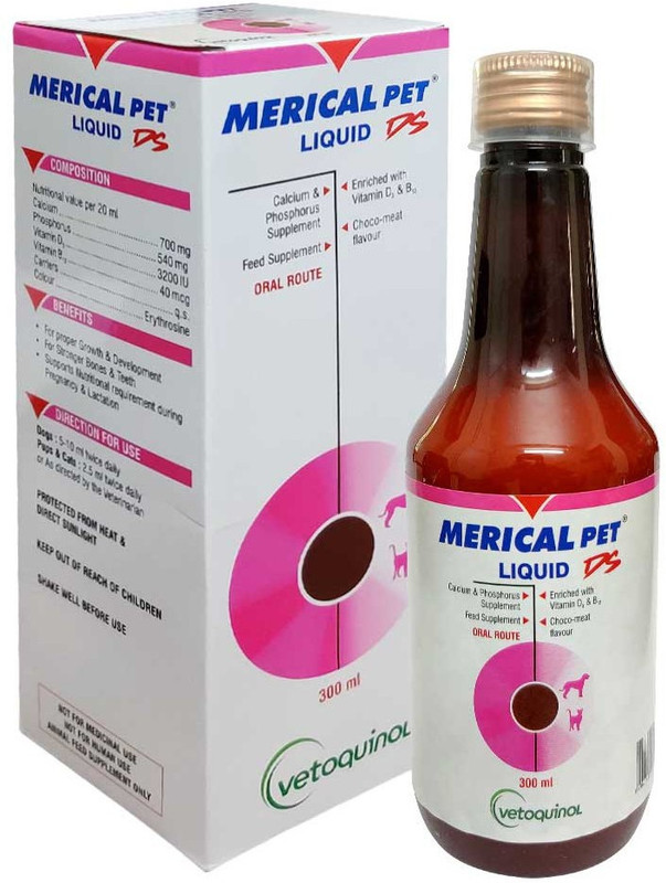 Vetoquinol Merical Pet Tonic - Vitamin, Calcium & Mieral Supplement , Oral calcium and phosphorus supplement with a scientific ratio of 1.29:1 300 ml For Dogs Pet Health Supplements(300 ml)