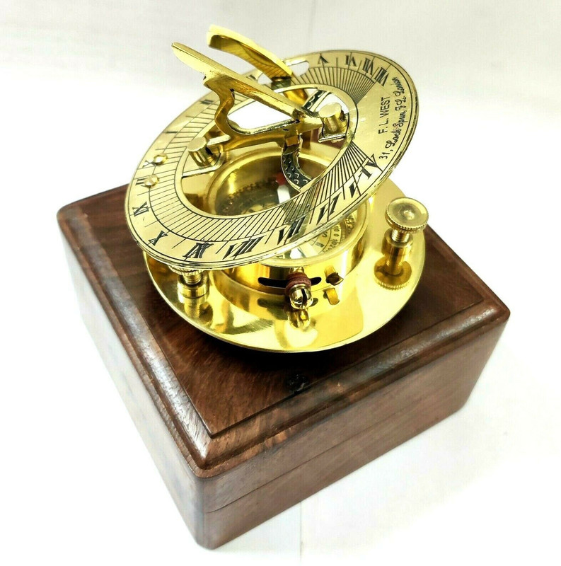 Ascent India Brass Sundial Compass With Wood box collectible gift Compass(Gold, Brown)