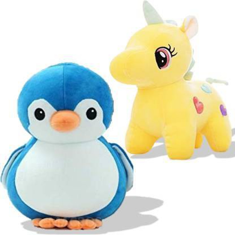 Saubhagye Combo of Penguin and Yellow Unicorn stuffed toys- 25cm - 25 cm(Multicolor)