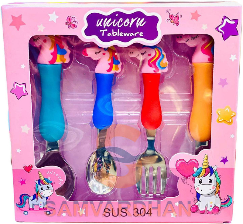 Samvardhan SUS304 Unicorn Spoon & Fork Set Plastic, Steel Cutlery Set(Pack of 4)