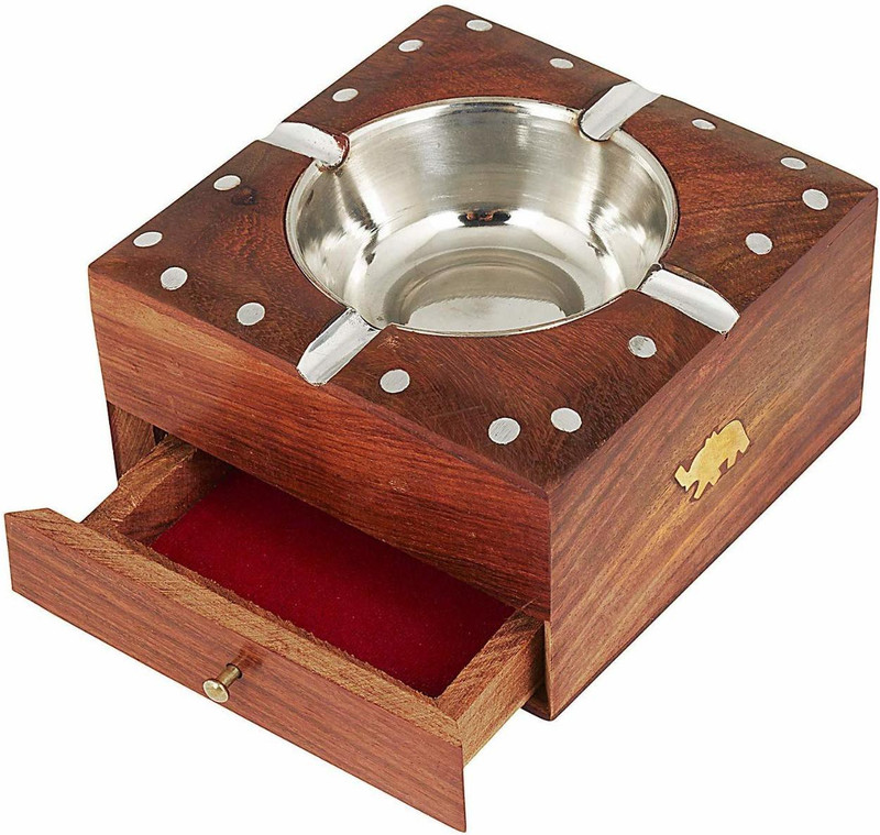 crafthub Handmade Wooden Round Shaped Home and Office Ashtray for Cigar and Cigarettes 1pc (12x12cm) Brown Wood Ashtray(Pack of 1)