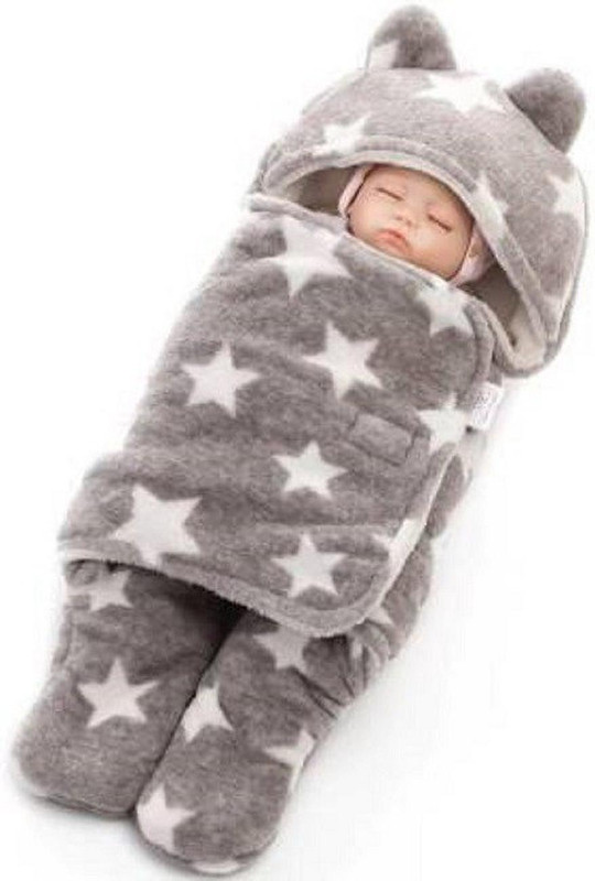 FIRST TREND Star Printed Single Hooded Baby Blanket Grey Sleeping Bag