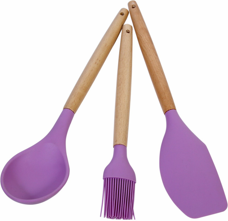 VIJAY EXPORT Silicon non stick resistant Kitchen Cooking brush, Spoon and spatula utensil with Wooden Handle. (Set of 3) Kitchen Tool Set(Multicolor, Spatula, Brush, Cooking Spoon)
