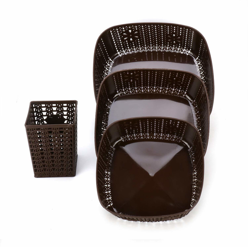 Sukhson India Plastic Storage Basket Box Organizer for Jars, Bottle, Fruits, Vegetable, Utensils -Set of 4 Pieces (Size - 28 X 26 X 10 cm), Plastic Fruit & Vegetable Basket(Brown)