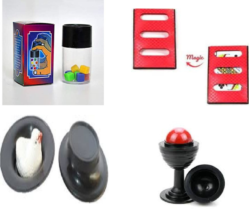 R.s.Magic Tricks Deluxe Magic Kits, (Set of 4 Items) DICE ATOMIZER, VANISHING CARD FRAME, EGG TO CHICKEN, BALL & VASE. Magic Tricks Magic Kit Gag Toy(Multicolor)