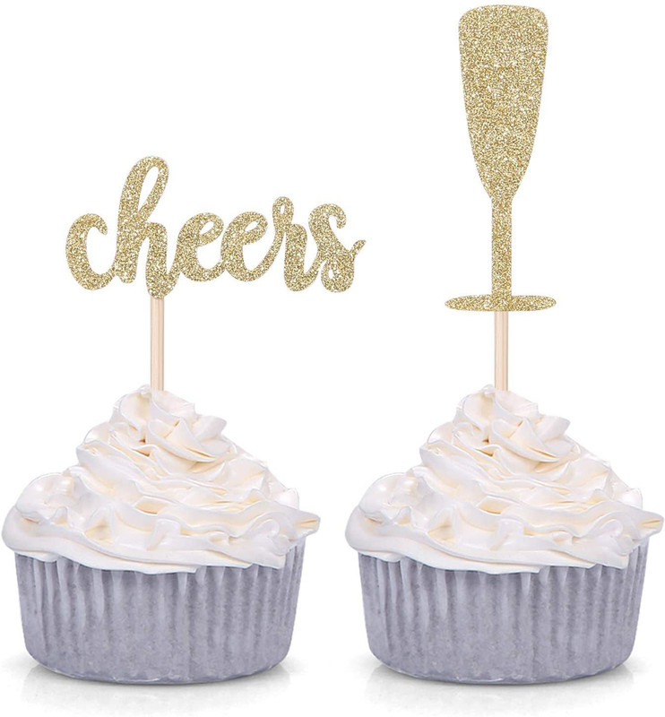 Festiko Cheers And Champagne Glasses Cupcake Topper(Gold Pack of 30)
