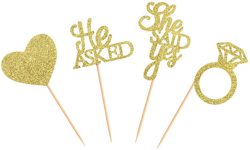 Festiko He Asked She Said Yes Engagement Golden Glitter Cupcake Topper(Gold Pack of 4)