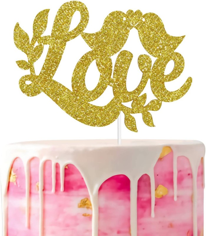 Festiko Love Birds Golden Glitter for Anniversary, Valentines day Cake Topper(Gold Pack of 1)