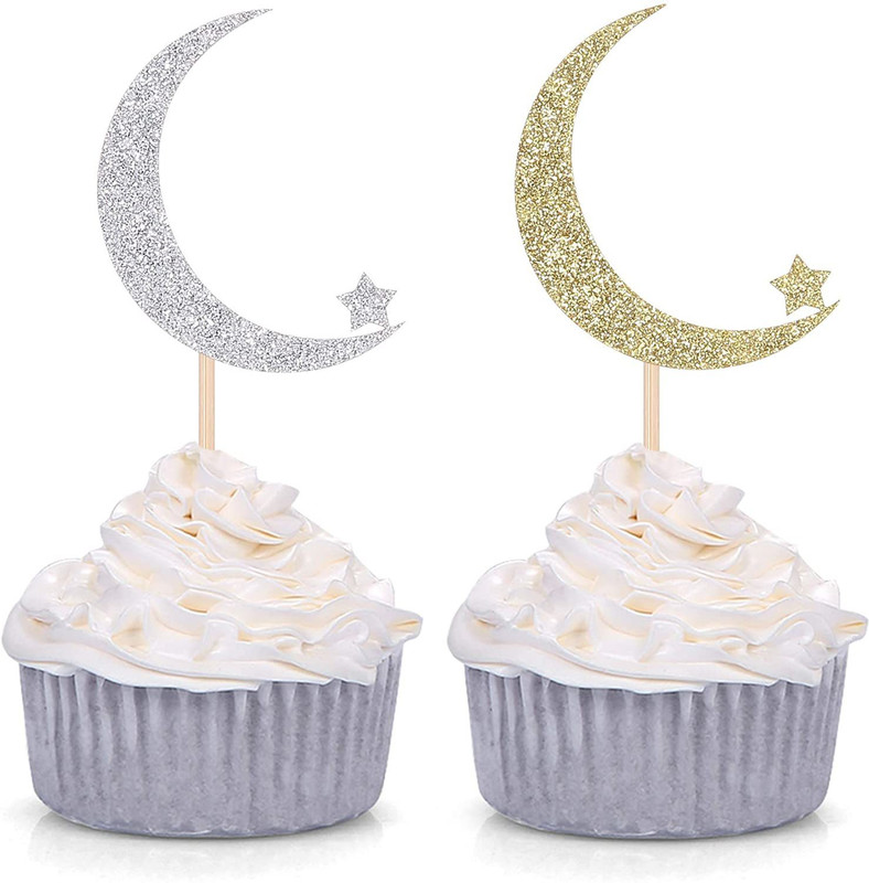 Festiko Crescent Moon and Star Gold and Silver Glitter Cupcake Topper(Gold, Silver Pack of 20)