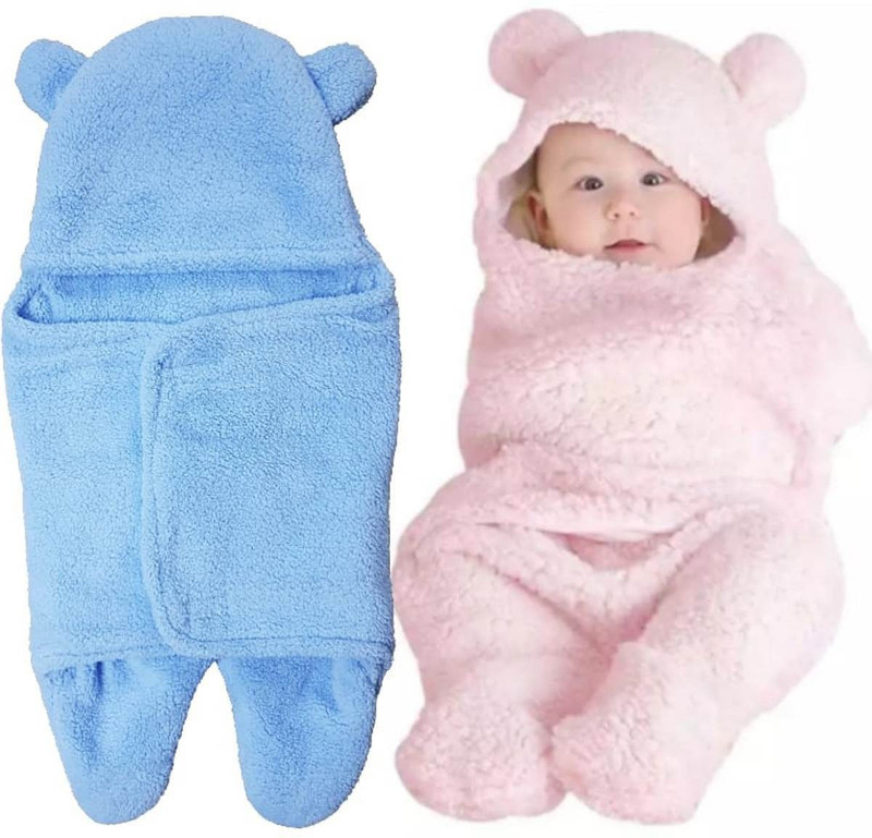 BRANDONN Abstract Single Hooded Baby Blanket for  Mild Winter(Poly Cotton, baby pink , sky blue)