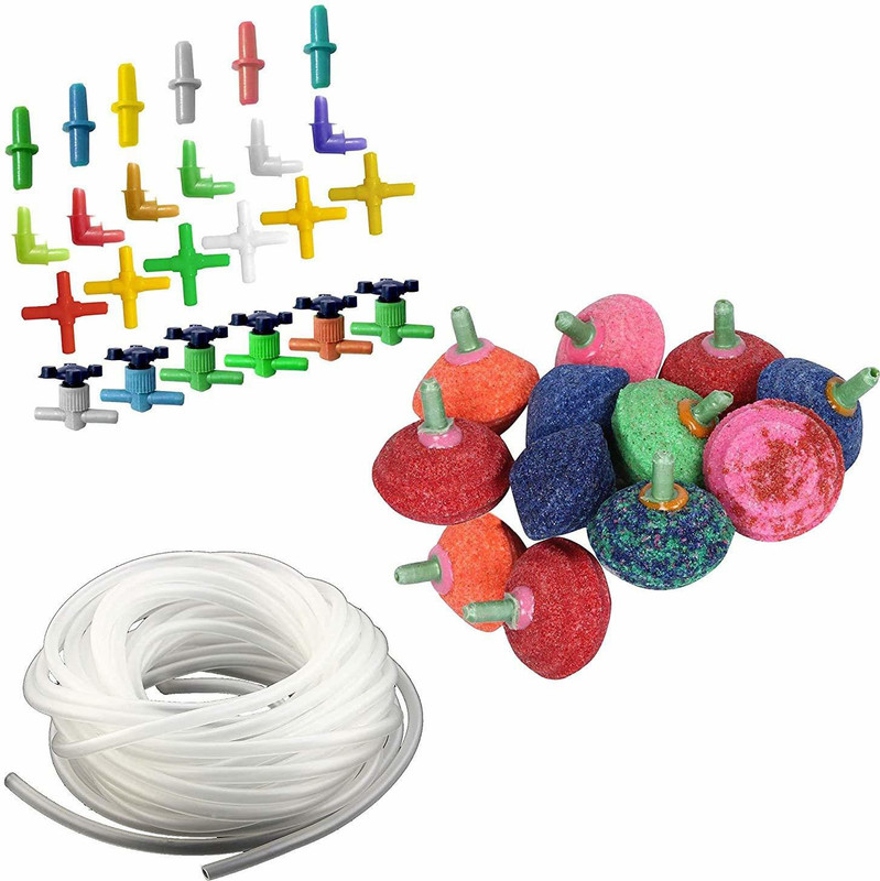 Nitishree Super Soft Silicon Oxygen Pipe Pump Hose-Air Bubble Stone Aquarium Fish Tank White, 10 M/4x6 Mm Air Tube with 12pcs Air Stone and Air Tube Outlet Multicolor Connector 25 Pieces Aquarium Air Stone(12 Stones)