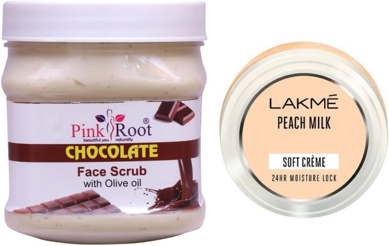 PINKROOT Chocolate Scrub 500gm with Lakme Peach Milk Soft Creme(2 Items in the set)