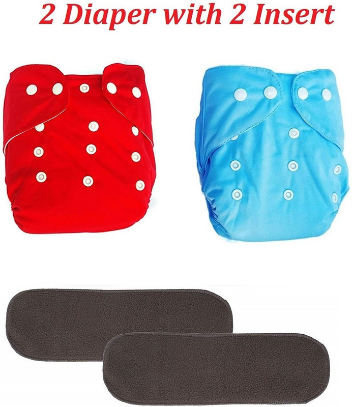 Baby Hashtag Adjustable Reusable Washable Cotton Cloth Baby Kids Diaper Nappy with 2 Bamboo Charcoal Insert Liner – 0 to 24 Months Pack/Combo of (2 Cloth Diapers Red and Sky Blue +2 Inserts) 4 Pcs - S - M(4 Pieces)