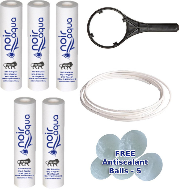 Noir Aqua 5pcs PP Spun Filter + 1 Spanner + 5 Antiscalant Balls + 2Mtr 1/4" Food Grade Water Pipe | for All type RO Water Purifiers (5 Piece, White, 10 Inch, 5 Micron) - RO spun filter cartridge candle Solid Filter Cartridge(0.5, Pack of 5)