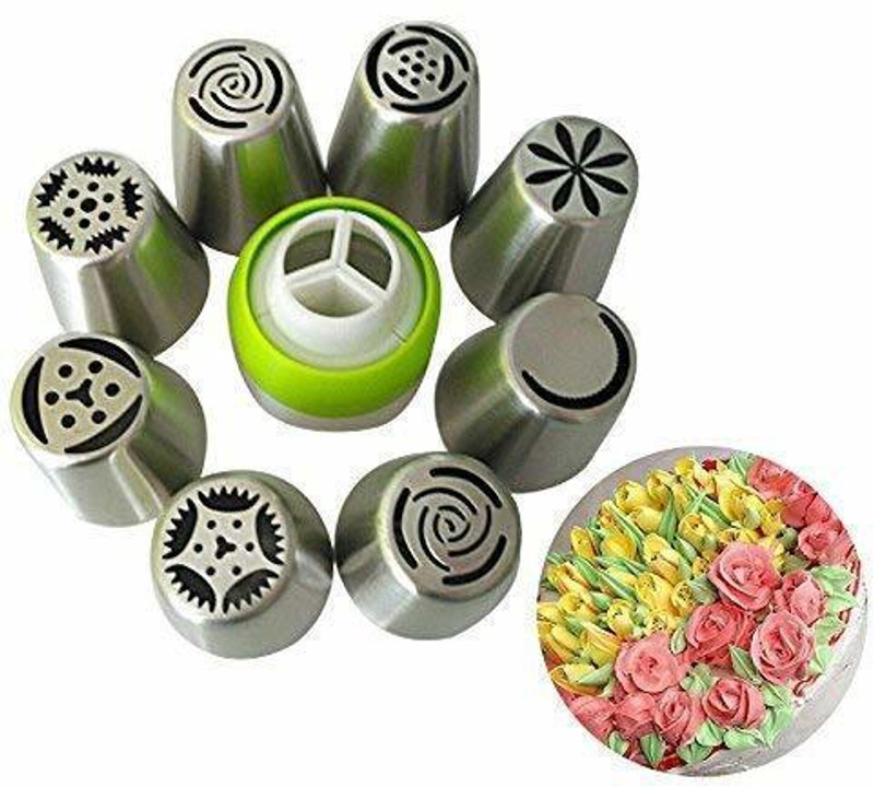 Breewell Stainless Steel Icing Nozzles with 1 Coupler for Decorating Cupcake Pastries Desserts Tarts Pie Steel Multi-opening Icing Nozzle(Multicolor Pack of 9)