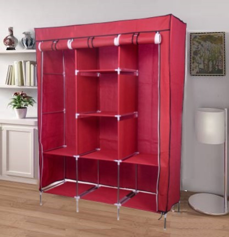 GOD WISH 8 shelves portable wardrobe for cloth 3 door with zipper Carbon Steel Collapsible Wardrobe(Finish Color - MAROON, DIY(Do-It-Yourself))