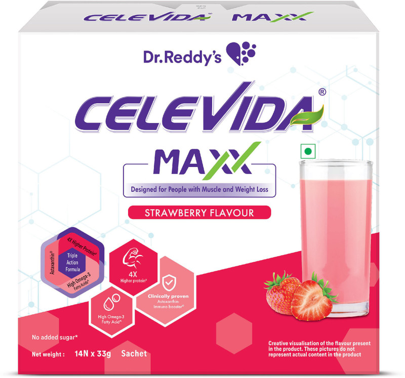 CELEVIDA Maxx High-Protein & Immunity Supplement to Support Muscle Health, 462g Nutrition Drink(14, Strawberry Flavored)