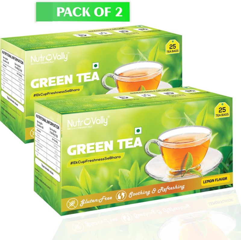 NutroVally green tea for weight loss & Build Immunity | Premium tea leaves with Active Ingredients Lemon Green Tea Lemon Green Tea Bags Box