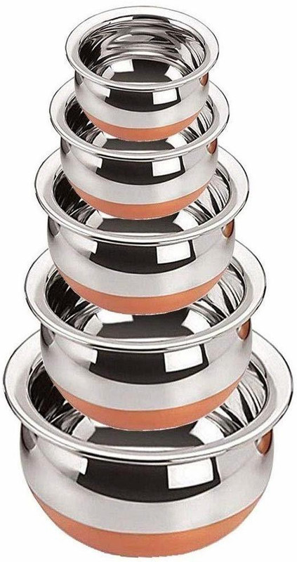 TREKZO Copper Bottom Handi 5 Piece Handi 0.65 L, 0.4 L, 0.85 L, 1.2 L, 1.6 L (Copper, Stainless Steel) Handi 2.1 L, 1.6 L, 1.1 L, 0.8 L, 0.5 L(Stainless Steel, Induction Bottom)