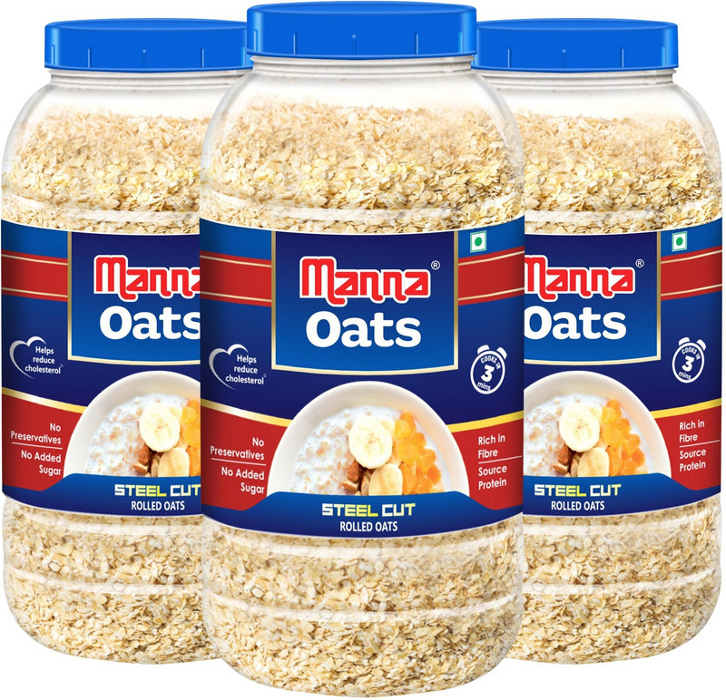 Manna by Manna Oats – 3kg (1kg x 3 Jars) | Gluten Free Steel Cut Rolled Oats | High in Fibre & Protein | 100% Natural | Helps Maintain Cholesterol….