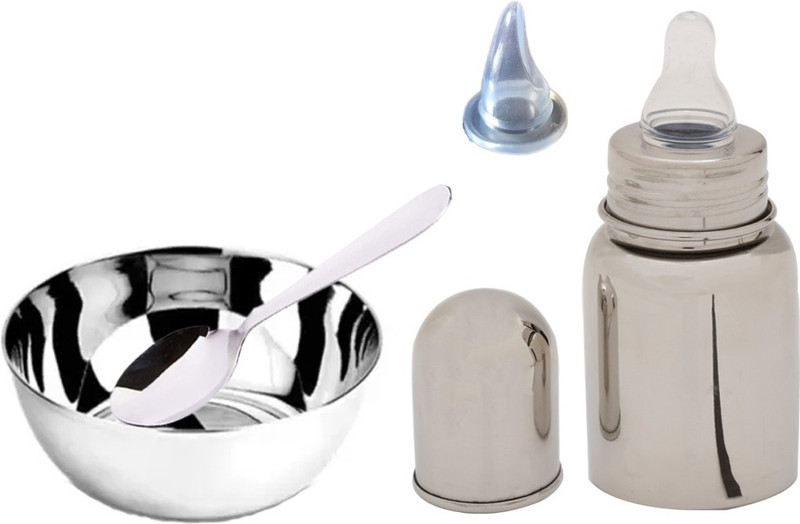 Beautiq Baby Collections Stainless Steel Baby Feeding Bottle 160ML with Additional Sipper Nipple, Bowl and Spoon - 304 Food Grade Stainless Steel(Stainless Steel, Silver)