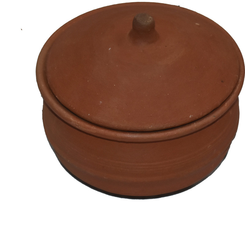 CPV CRAFTS Clay fish curry Pot for Cooking (1 ltr ) Gas Stove with lid Pot 15 cm diameter 1 L capacity with Lid(Earthenware, Non-stick)