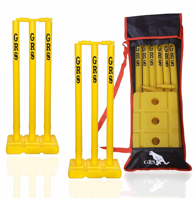 GRS Plastic Wickets set for Both Sides(6 wickets,4 bails, 2 Base, 1 kit bag) (Yellow)(Yellow)
