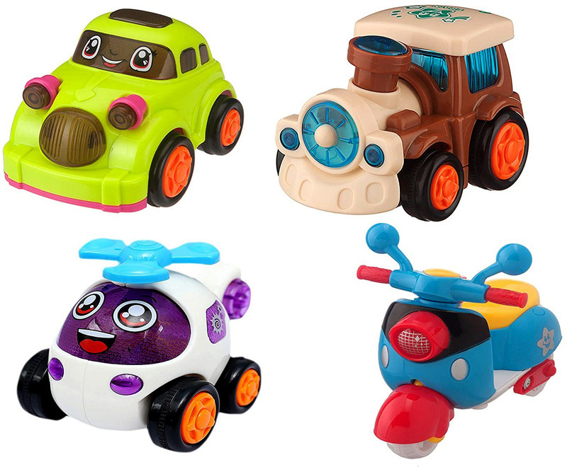 K A Enterprises combo set of 4 friction powered cute push and go toys - car, helicopter, scooter and train engine, toy pack for toddlers, baby, kids, child, girls(4 piece)-Multi color(Multicolor)