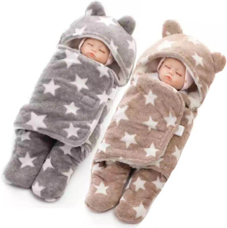 BRANDONN Printed Single Hooded Baby Blanket for  Mild Winter(Poly Cotton, Grey, Beige)