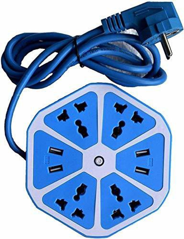 MOBONE 1.3M Hexagon Socket Extension board 4 USB charging point+Power Cube Socket EU Plug 4 Adapter with 1.3m Cable Multi Switch Socket 3.1 Mbps Data Card ,Calls not Supported(Blue)