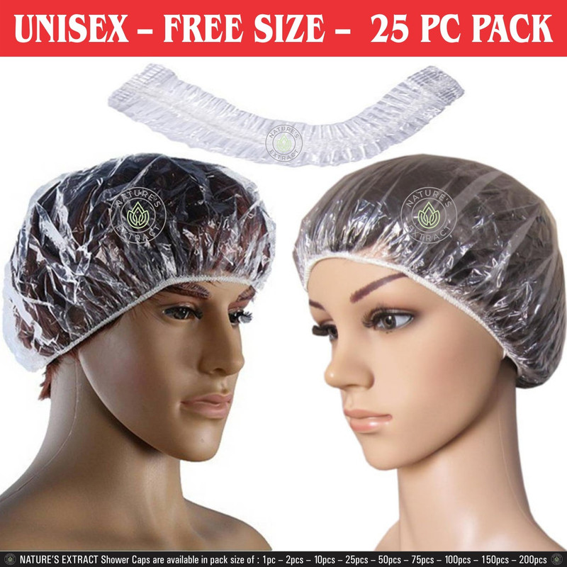 nature's extract (25pcs) SHOWER CAP / BATH CAP – Reusable – Waterproof – Unisex - Free Size – Transparent - Multipurpose use in Home / Salons / Spa / Travelling / Camping