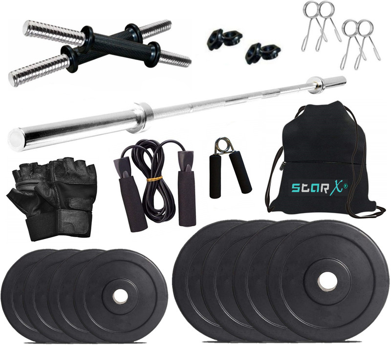 STARX 16 kg Pure Rubber weight Plates with 5ft Straight Rod and Accessories Home Gym Combo