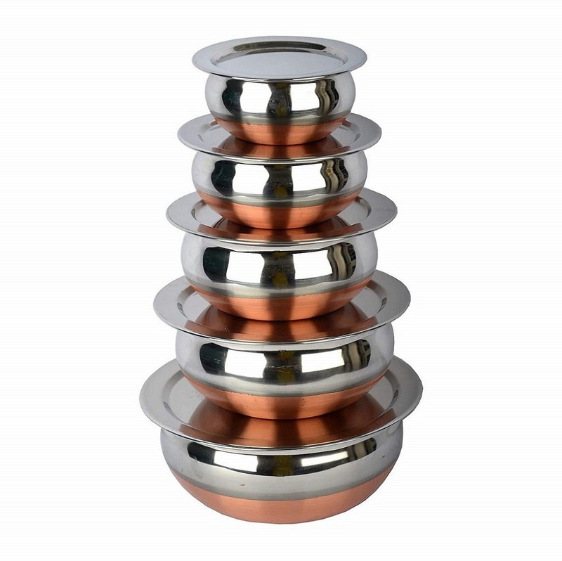 Drognet Stainless Steel Copper Bottom Handi Pot Set, Brown & Silver Steel, Handi 0.65 L, 0.85 L, 1.23 L, 1.83 L, 2.45 L with Lid Cooking Bowl Kadhai Combo Set Of 5 Piece Unique Chetty Perfect Copper Handi Set Prabhu Chetty, Curved Copper Plate at Bottom Multi Kadai,Tapeli,Patila,Handi, Rasoi Bartan