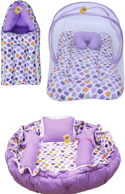 Fareto Cotton Baby Bed Sized Bedding Set(Multicolor, 1 NET BED, 1 SLEEPING BAG, 2 LOTTAN, 1 U-SHAPE PILLOW, 1 SQUARE PILLOW, 1 BABY NEST, 2 STAR PILLOW)