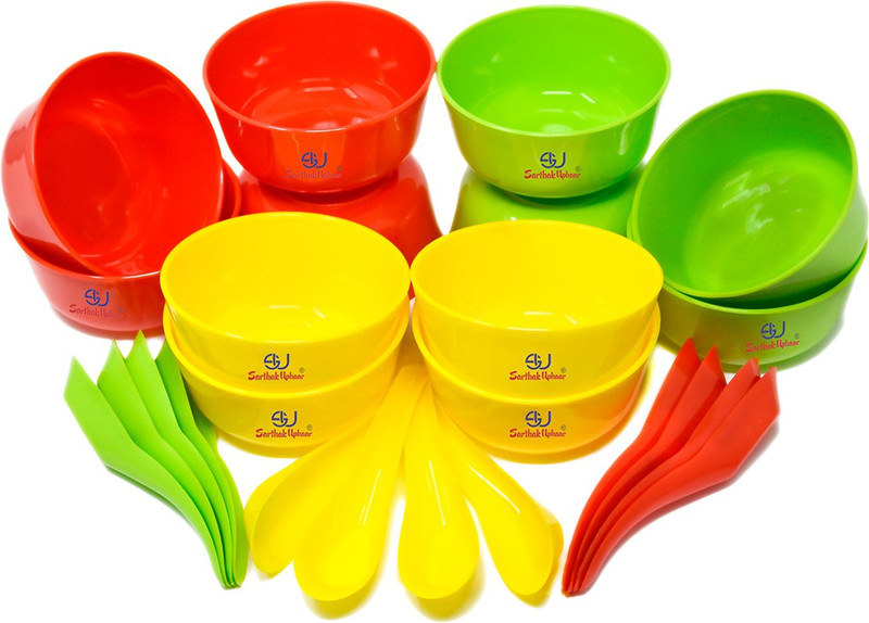 Sarthak Uphaar Plastic Soup Bowl Plastic Microwave Safe Soup Bowl Set of 24 Pieces (12 Bowl, 12 Spoon)(Pack of 24, Multicolor)