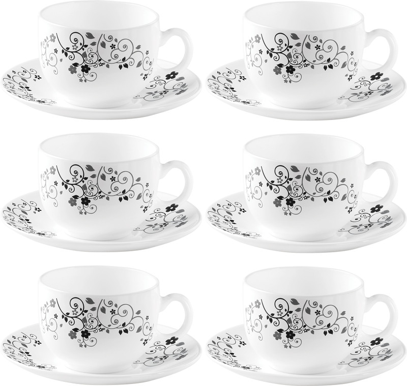 LAOPALA Pack of 12 Opalware CITRON WAVE 160ml iris(White, Cup and Saucer Set)