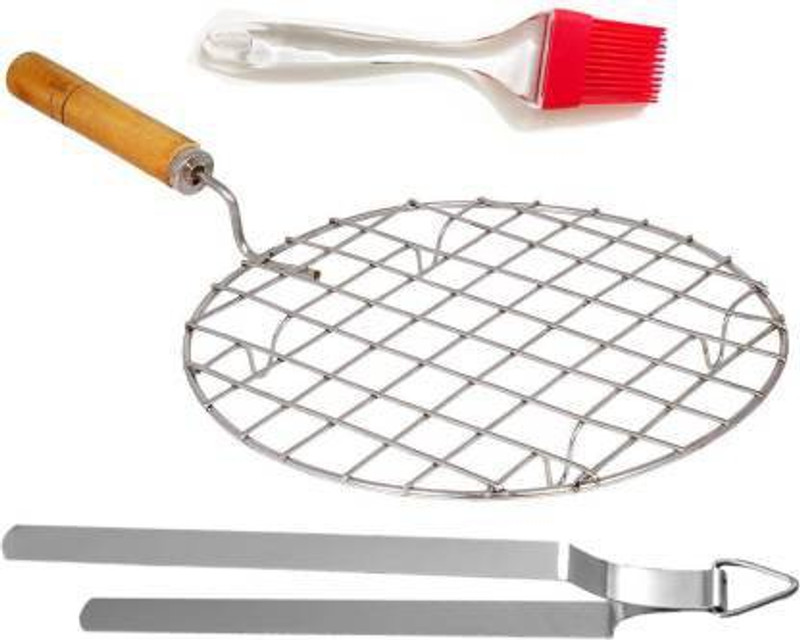 SUPREETI 3 pcs Stainless Steel Round Papad Jali Roti Roast Grill with Handle Roaster Circle Chapati Toast Wooden Barbeque Silver paneer tandoor, TONG, CHIMTA , Roti Maker,and butter Brush,OIL Spread Brus 1 kg Roaster(Silver)
