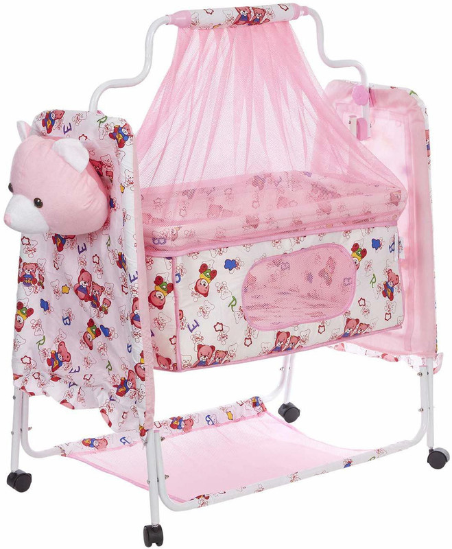 shinetoy Baby Bear Swing Cradle Crib Bassinet with Mattress, Pillow, Mosquito Net and Swing Lock Function (PINK, 0-9 Months)(Pink)