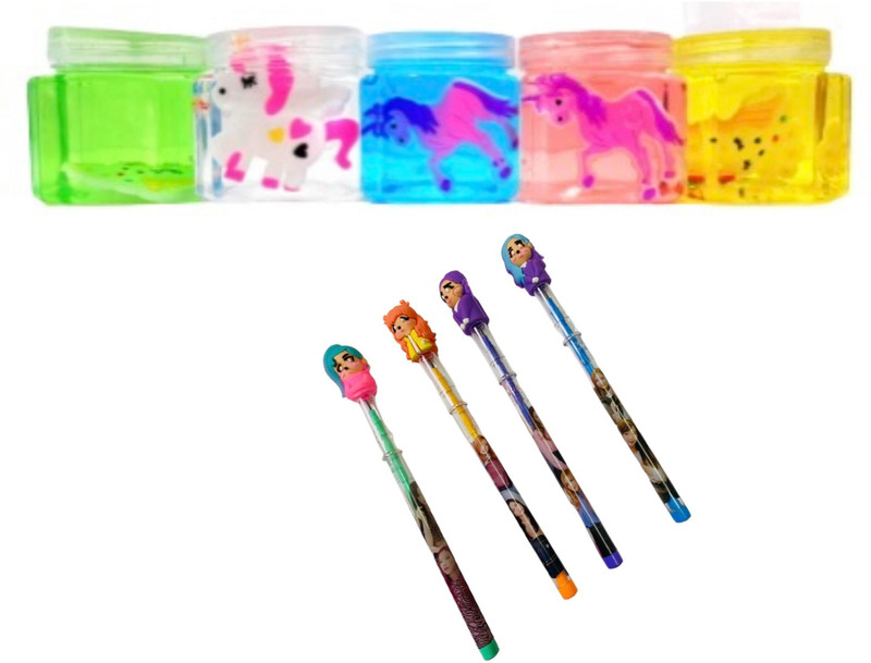 13House Unicorn Crystal Clay Slime With Toy Inside (Pack of 9)Transparent Magic Mud Non Toxic For Kids With 4 Stacking Pencil Multicolor Putty Toy Multicolor Putty Toy