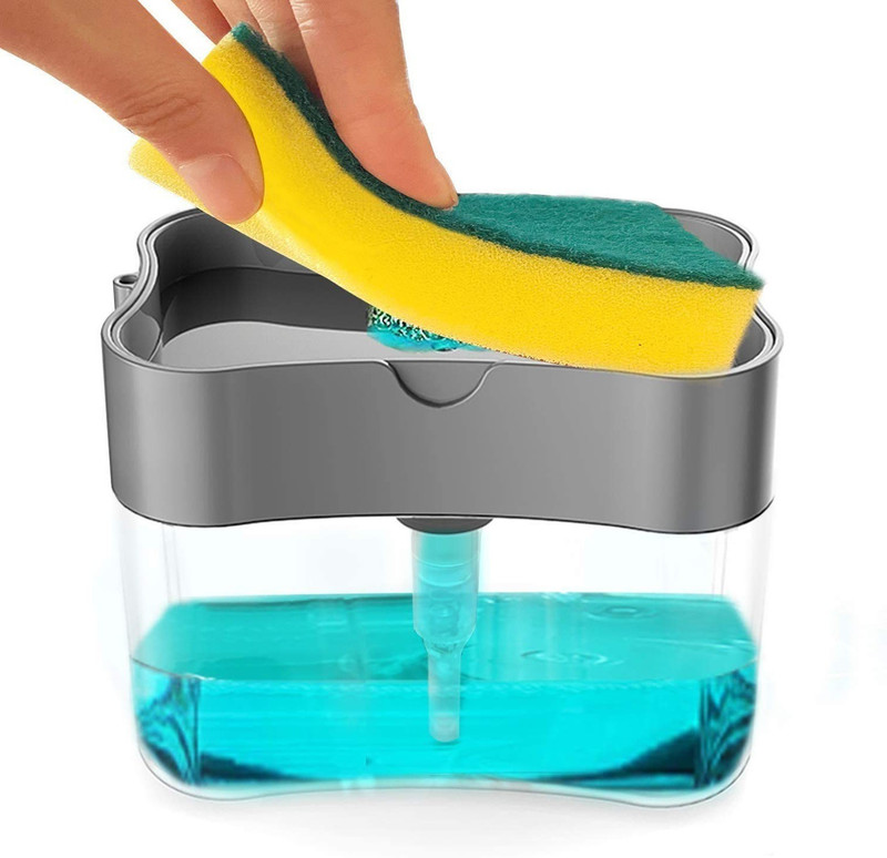 TGB Plastic Liquid Soap Press Type Pump Dispenser with Sponge Holder for Kitchen Sink Dishwasher(Grey)