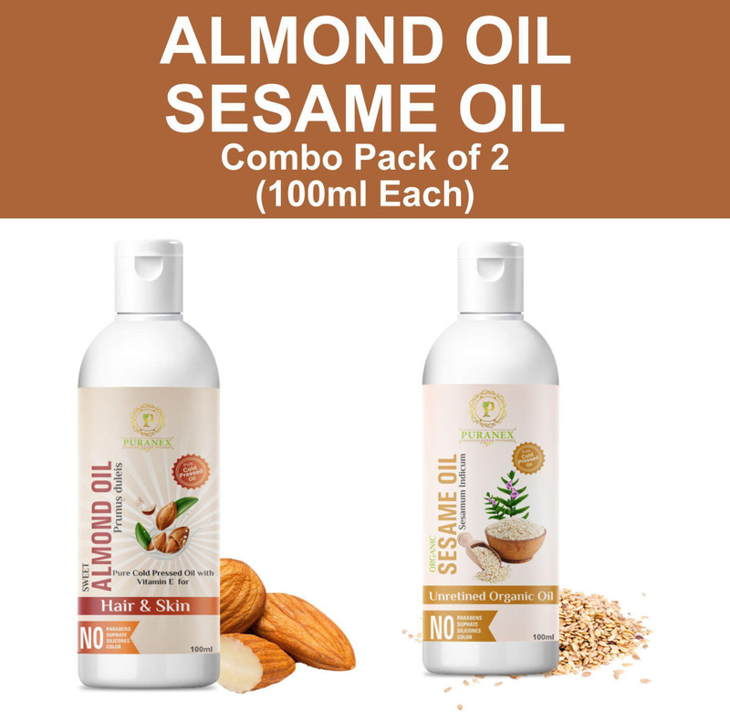 puranex 100% Natural & Pure Sweet Almonds Oil For Natural Texture, Strong, Shiny, Spilt ends & Dandruff Free Hair- Brighten up Complexion, Anti Aging, Age Spot, Fine Line Skin Oil-100 ML & 100% Cold Pressed Moringa Oil For Hair, Body, Skin & Face Care, 100 ML (Pack Of 2) 100 ML Each(2 Items in the s