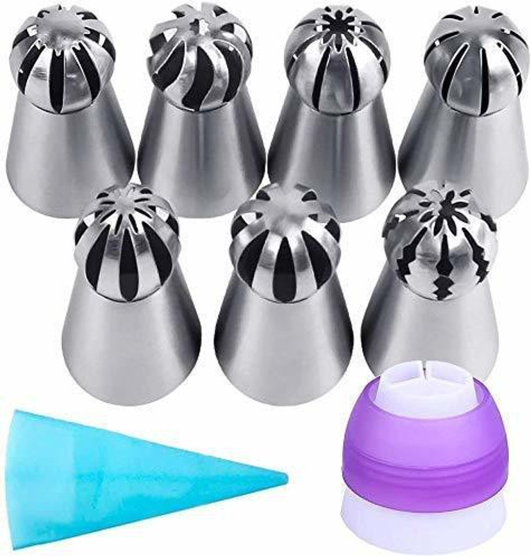 Naama 7Pc Sphere Ball Flower Russian Nozzles, 3 Color Partition Coupler & Piping Bag Stainless Steel Multi-opening Icing Nozzle(Steel Pack of 1)